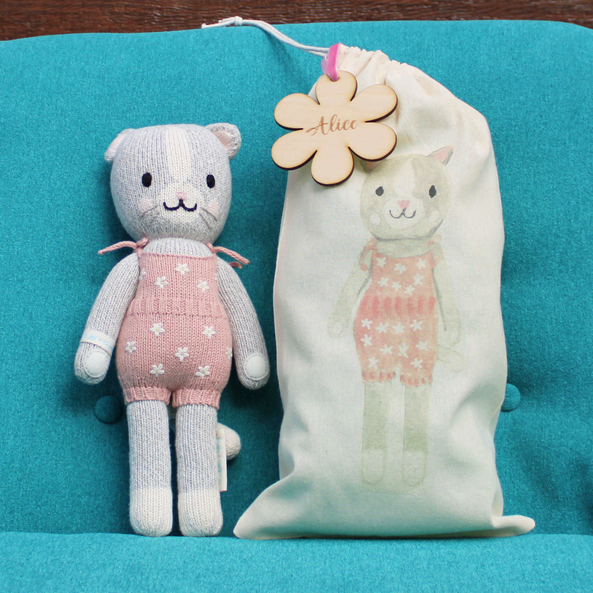 Daisy The Kitten- Hand Knit Cuddle + Kind Doll with Personalized Bag