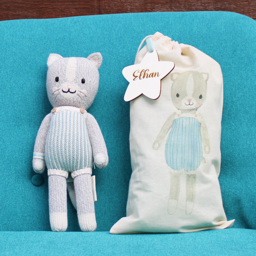 Dylan The Kitten- Hand Knit Cuddle + Kind Doll with Personalized Bag