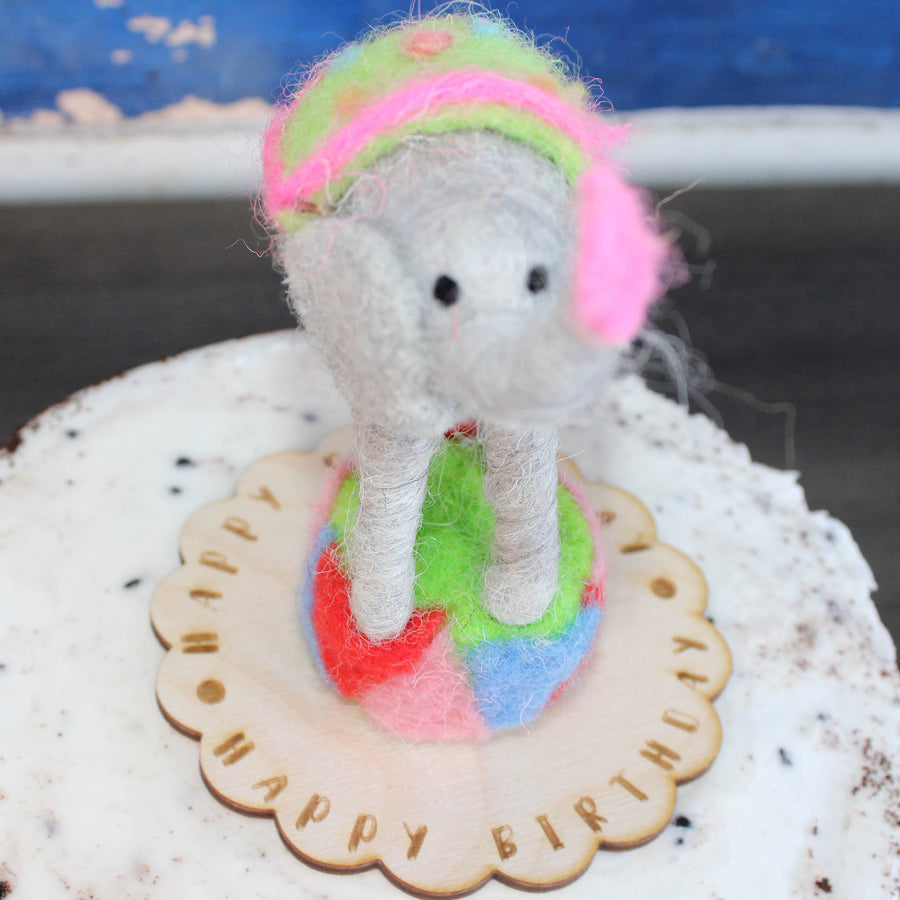 LIMITED QUANTITY Felted Wool Circus Elephant Happy Birthday Cake Topper
