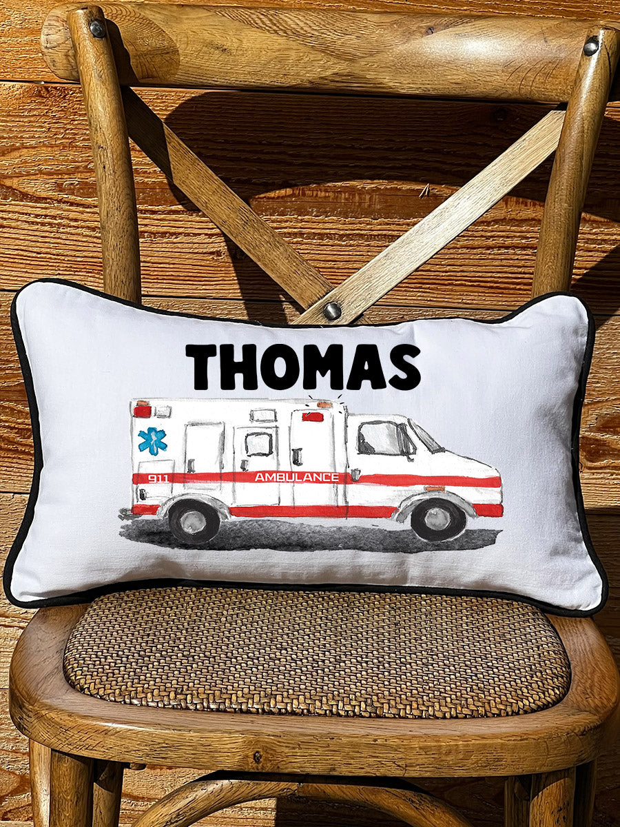 First Responder Ambulance Personalized Lumbar White Pillow with Black Piping