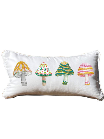 Bedazzled Mushrooms Lumbar White Pillow with Piping