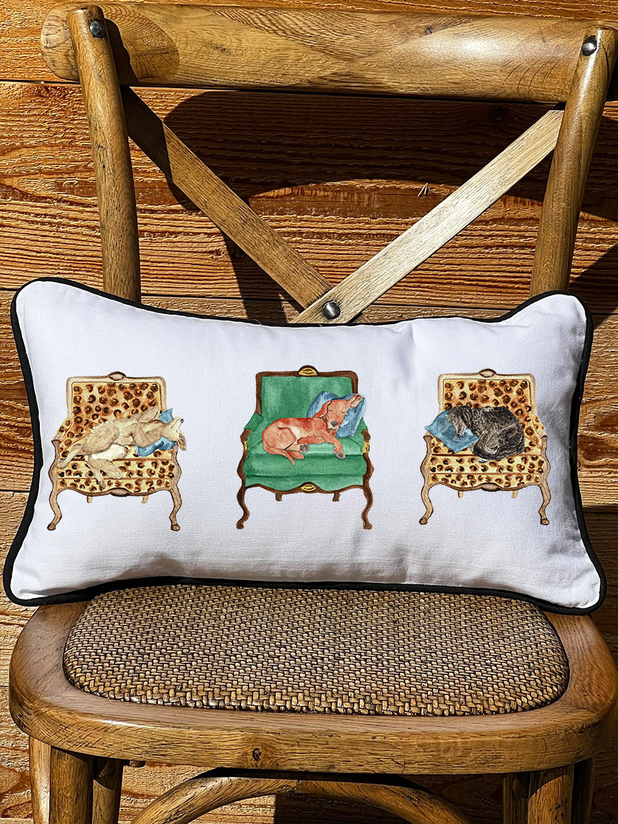 Dogs On Chairs Lumbar White Pillow with Piping