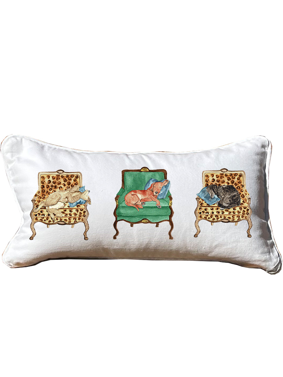 Dogs On Chairs Lumbar White Pillow with Piping