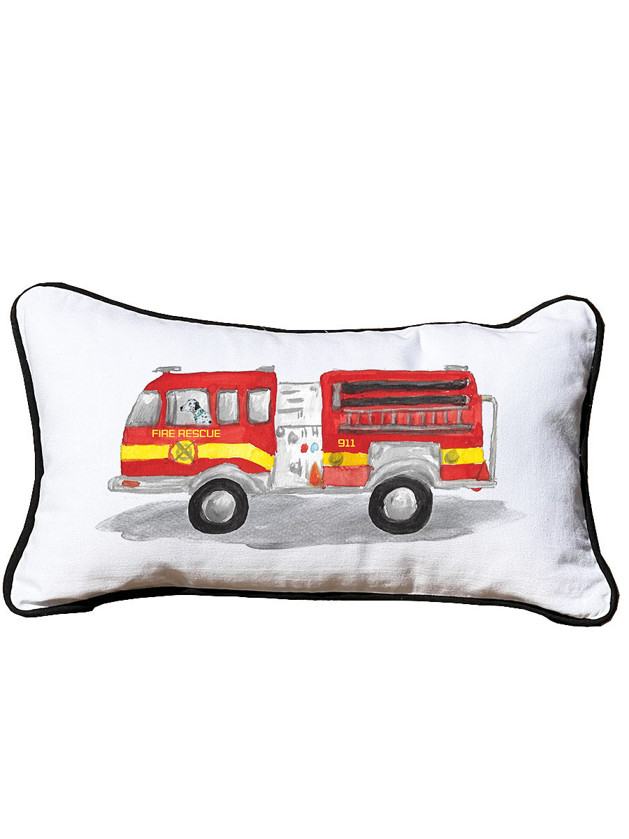 First Responder Firetruck Personalized Lumbar White Pillow with Black Piping