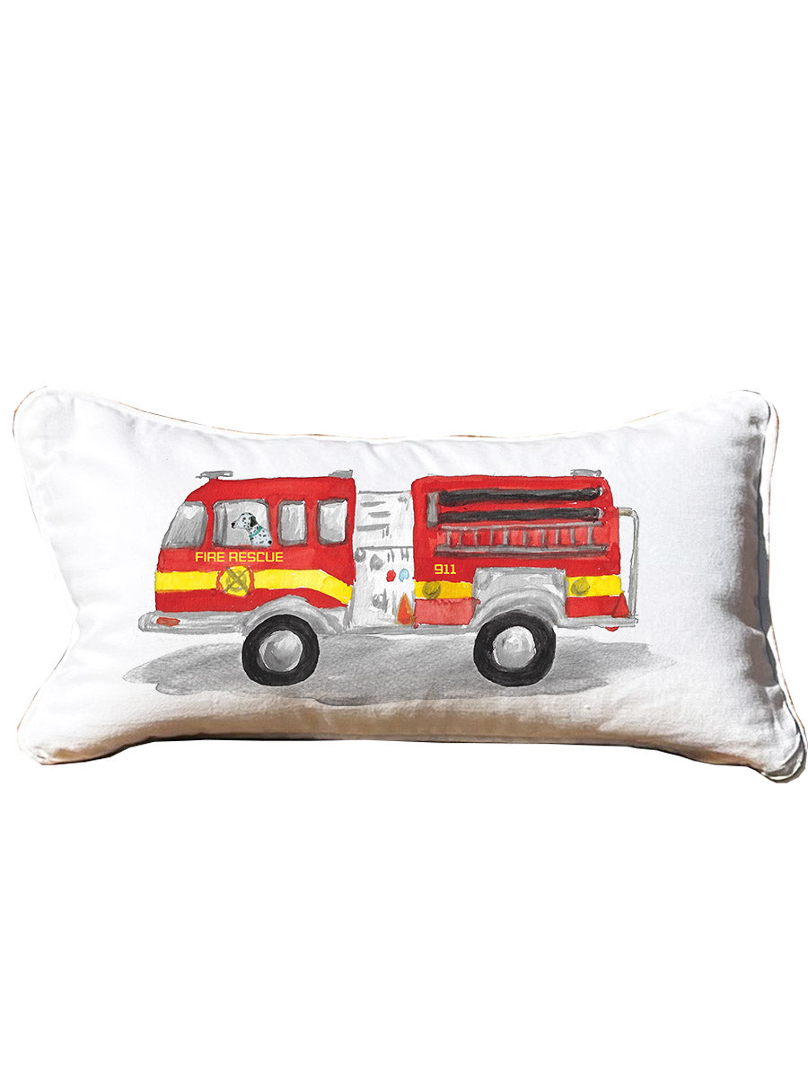 First Responder Firetruck Personalized Lumbar White Pillow with Black Piping