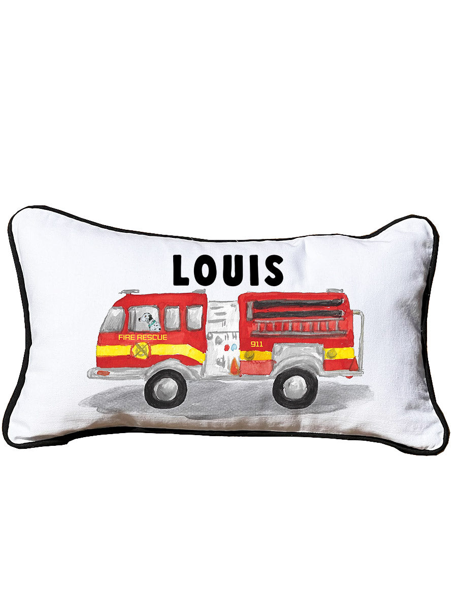 First Responder Firetruck Personalized Lumbar White Pillow with Black Piping