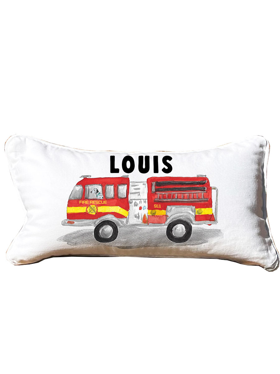 First Responder Firetruck Personalized Lumbar White Pillow with Black Piping