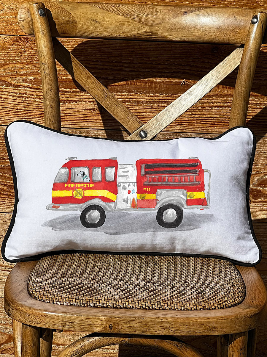 First Responder Firetruck Personalized Lumbar White Pillow with Black Piping