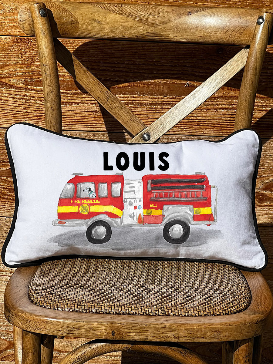 First Responder Firetruck Personalized Lumbar White Pillow with Black Piping