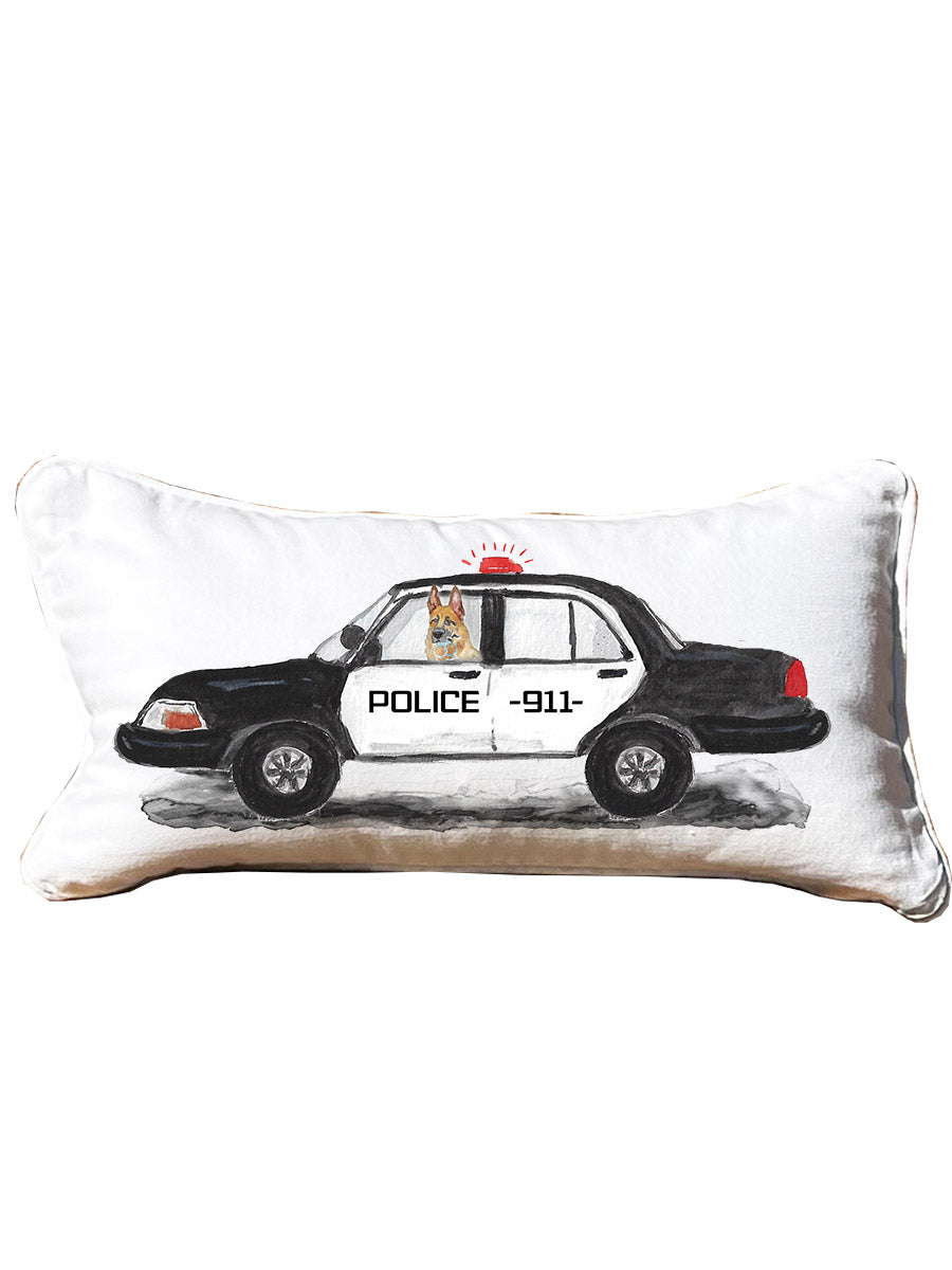 First Responder Police Car Personalized Lumbar White Pillow with Black Piping