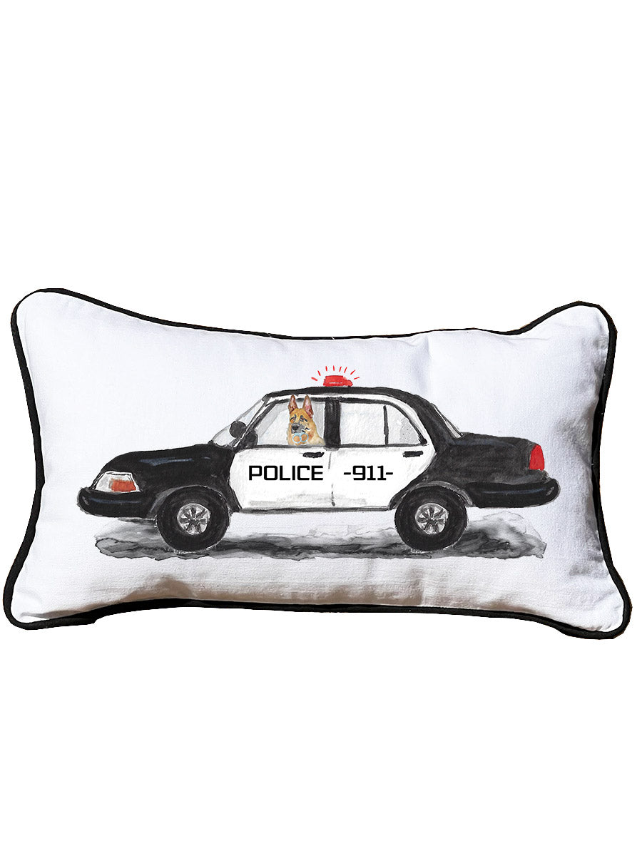 First Responder Police Car Personalized Lumbar White Pillow with Black Piping