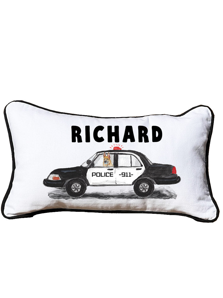 First Responder Police Car Personalized Lumbar White Pillow with Black Piping
