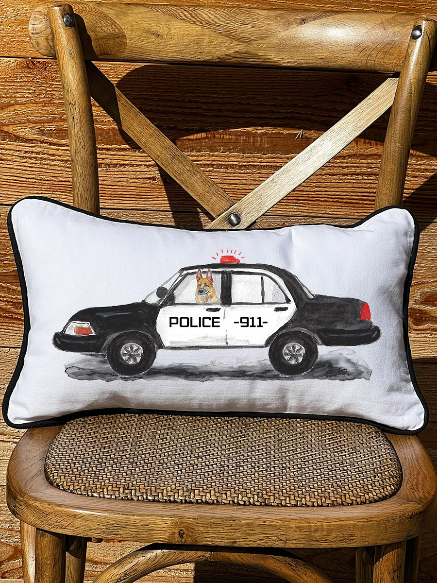 First Responder Police Car Personalized Lumbar White Pillow with Black Piping
