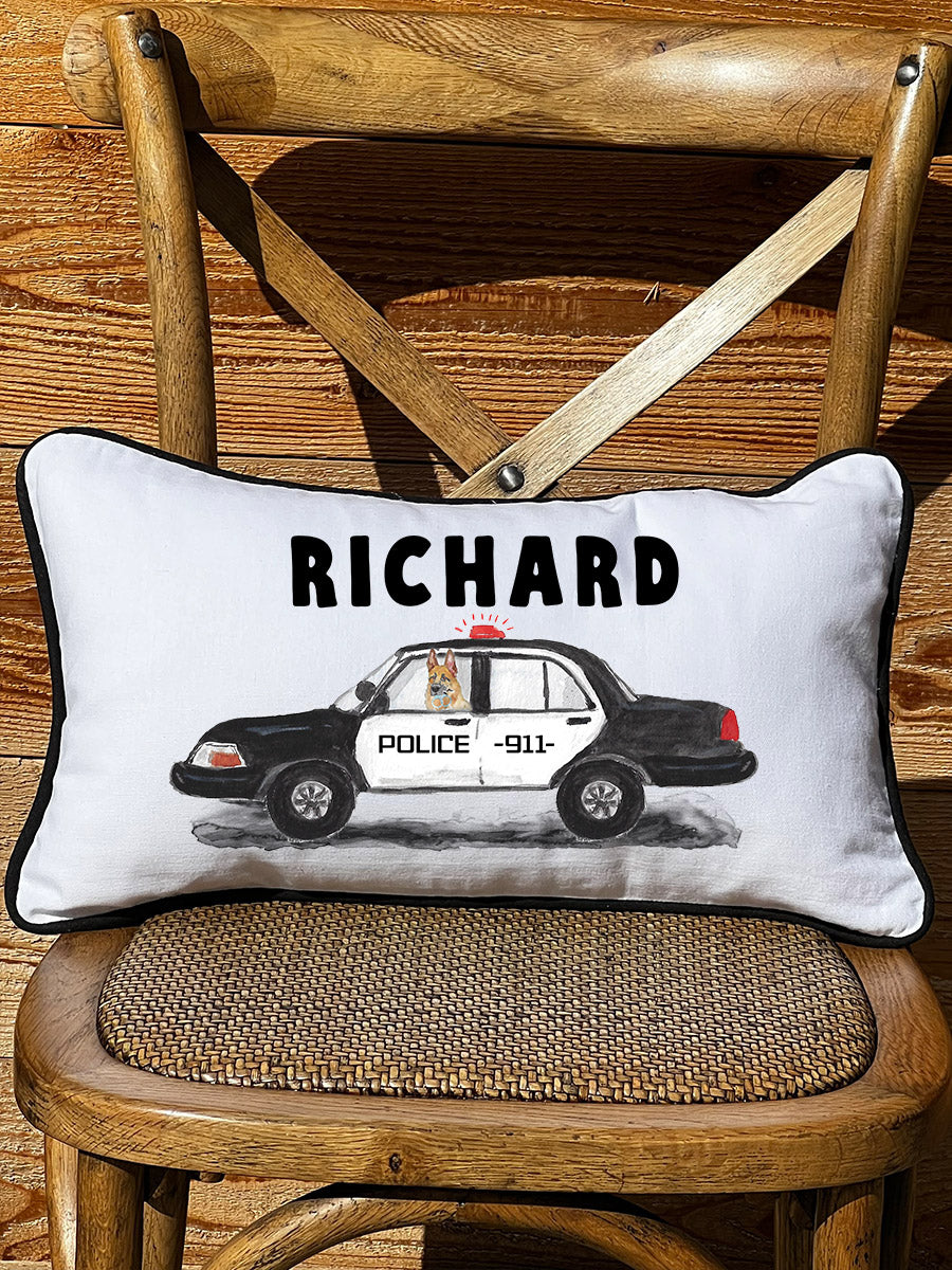 First Responder Police Car Personalized Lumbar White Pillow with Black Piping
