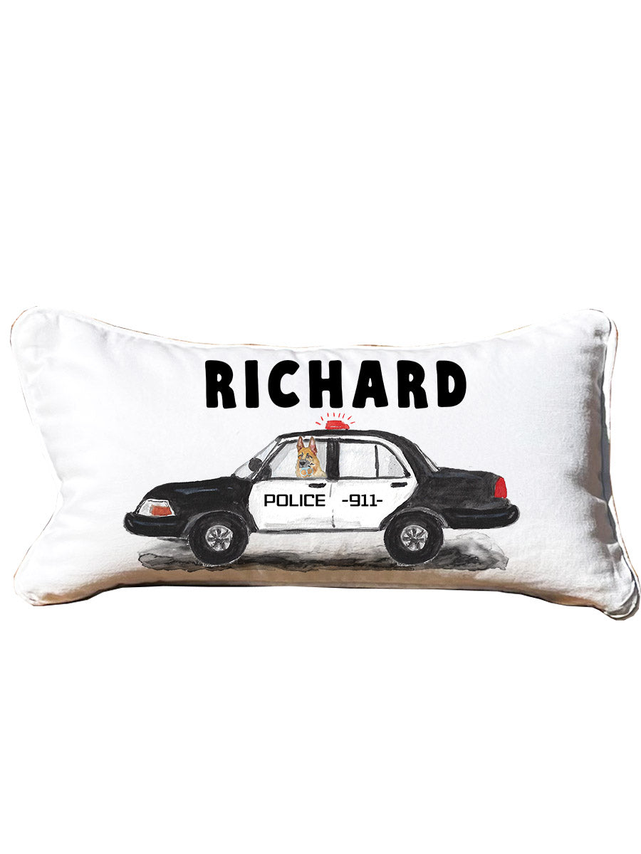 First Responder Police Car Personalized Lumbar White Pillow with Black Piping