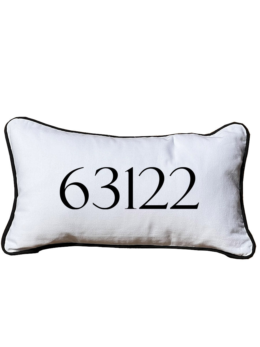 Custom Zipcode  Lumbar White Pillow with Piping