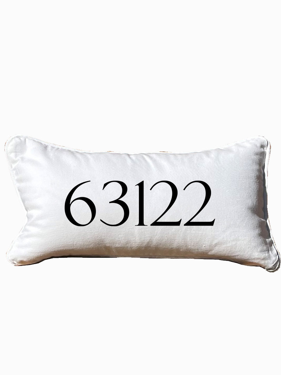 Custom Zipcode  Lumbar White Pillow with Piping