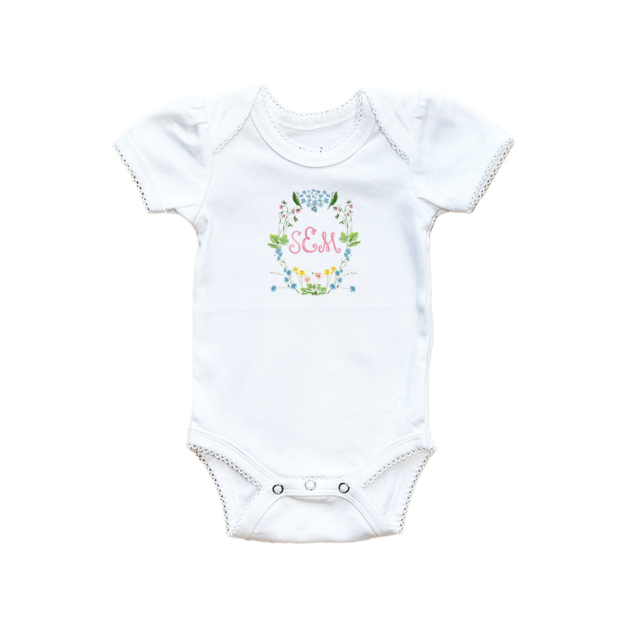 Personalized Monogram Floral Crest Baby Onesie