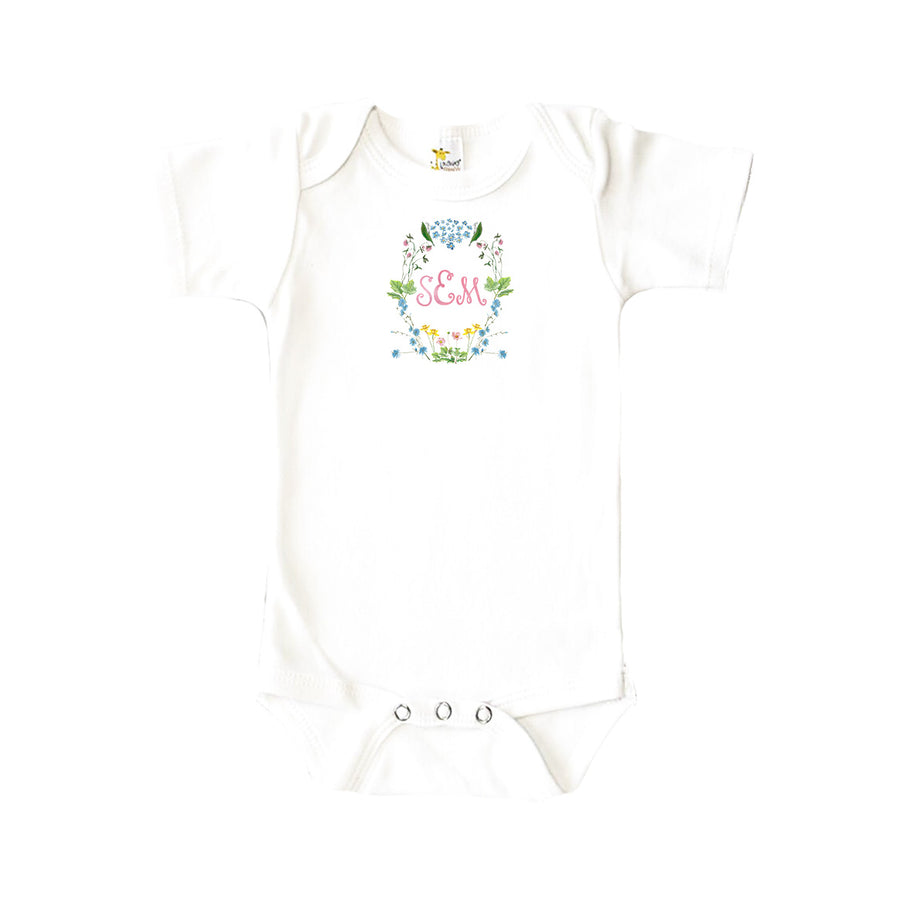 Personalized Monogram Floral Crest Baby Onesie