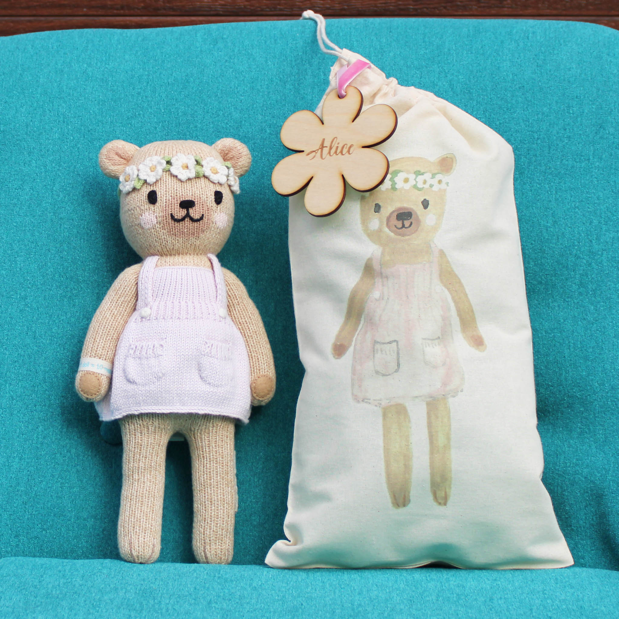 Olivia The Honey Bear- Hand Knit Cuddle + Kind Doll with Personalized Bag
