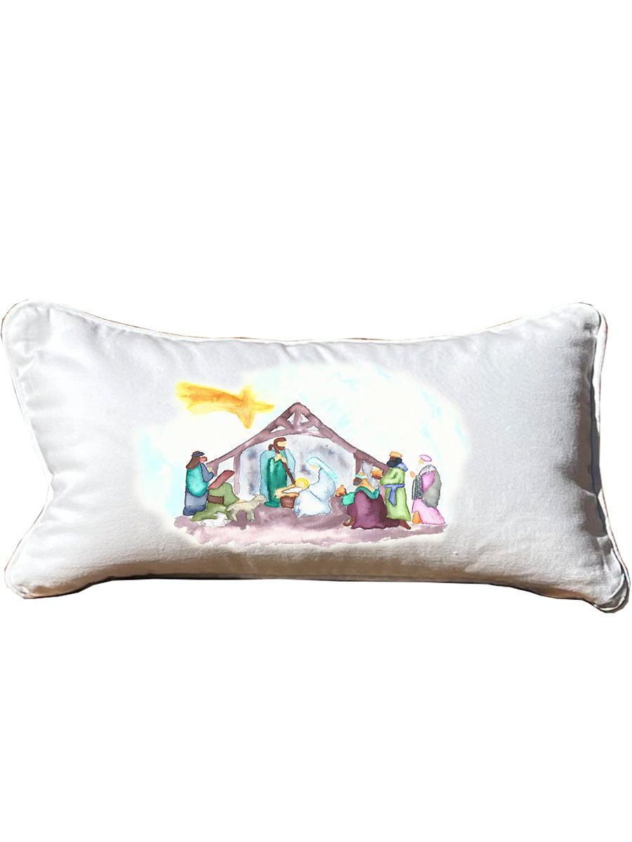 Original Watercolor Nativity White Lumbar Pillow with Piping