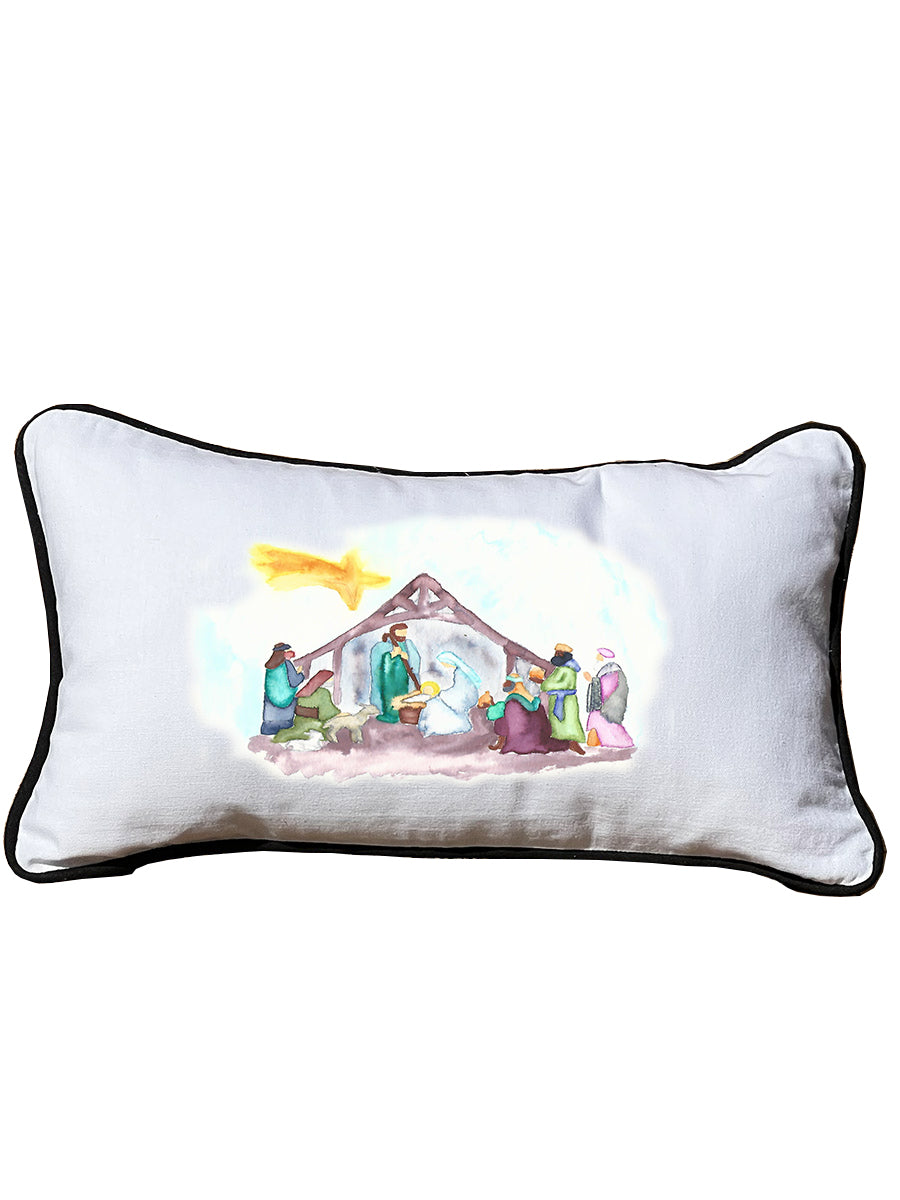 Original Watercolor Nativity White Lumbar Pillow with Piping