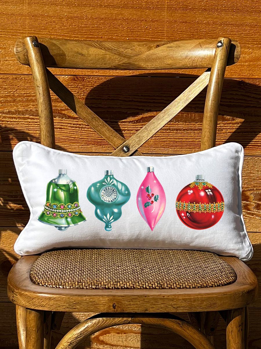 Vintage Ornament White Lumbar Pillow with Piping