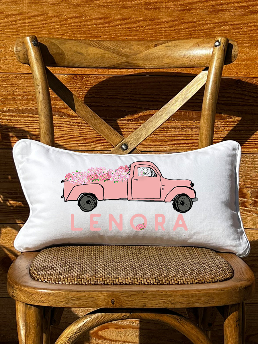 Pink Truck Personalized Lumbar White Pillow