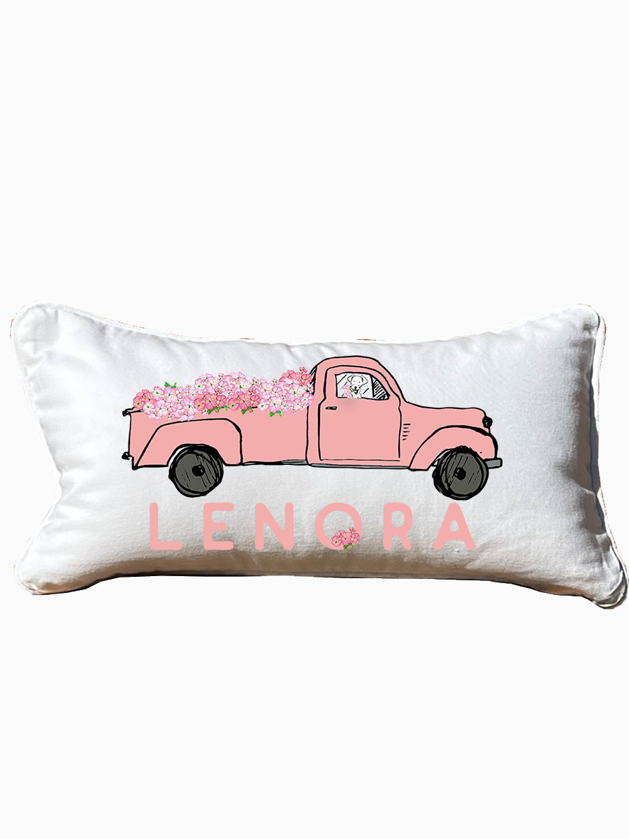 Pink Truck Personalized Lumbar White Pillow