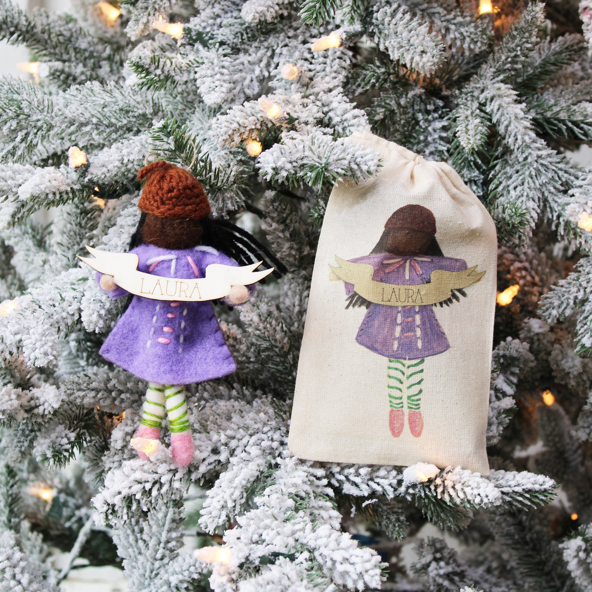 Girl Felted Wood Ornament Personalized