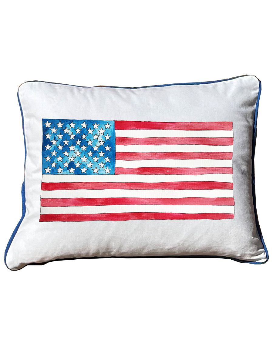 Watercolor American Flag Rectangular Pillow with Blue Piping