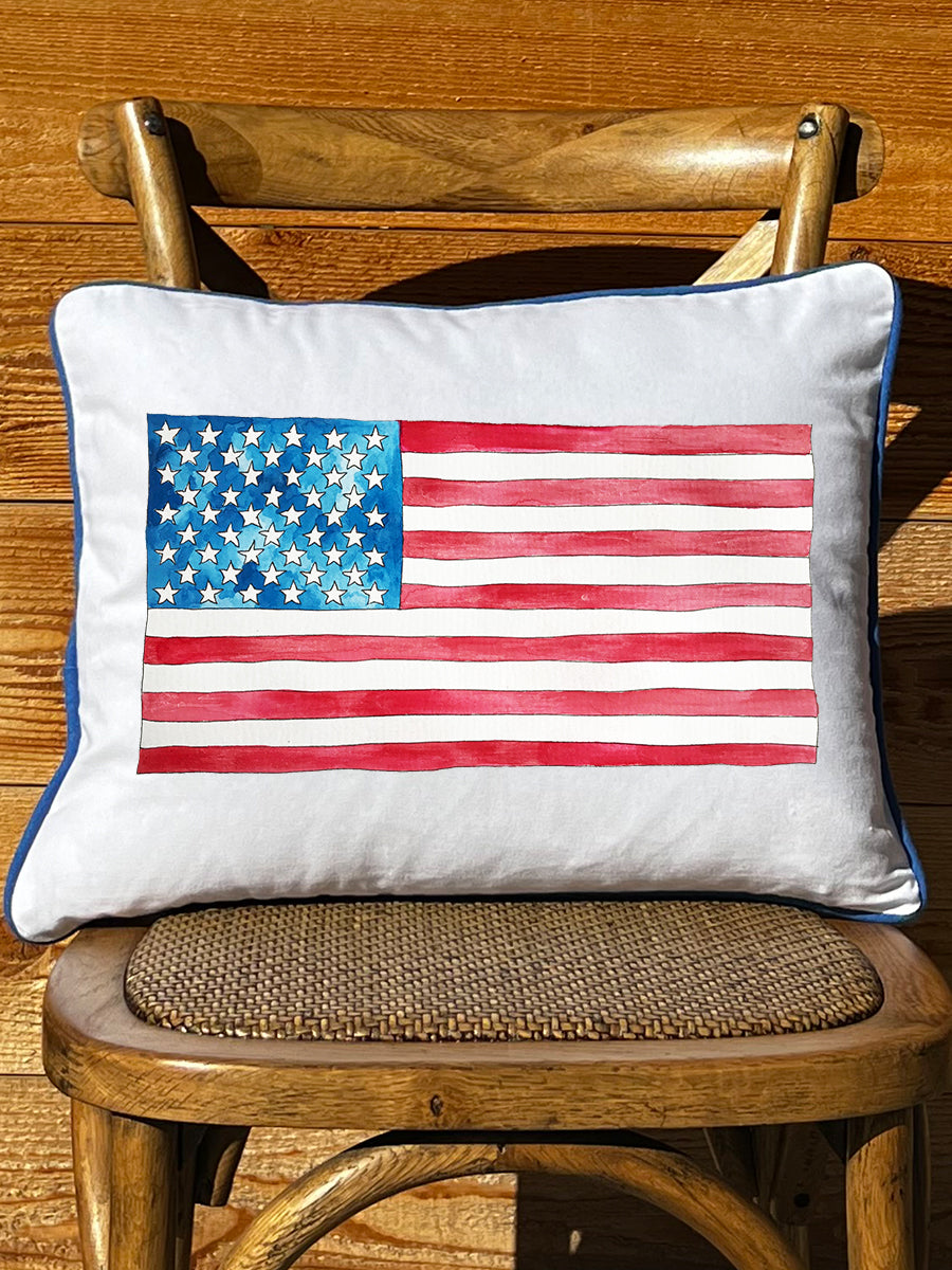 Watercolor American Flag Rectangular Pillow with Medium Blue Piping