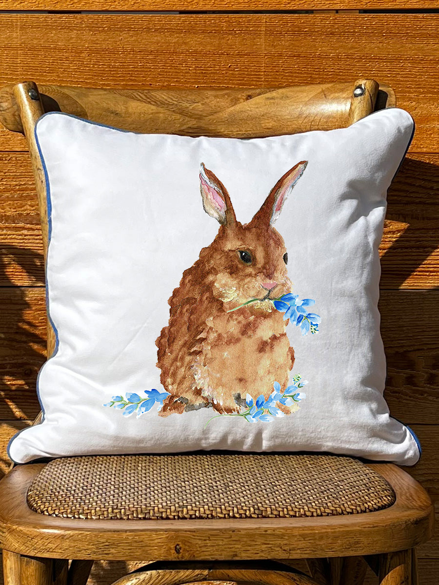 Bunny and Bluebonnets White Square Pillow with Piping
