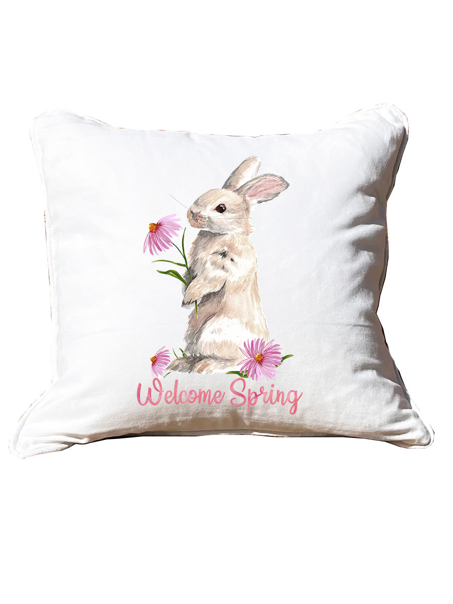 Bunny Pink Coneflowers White Square Pillow with Piping