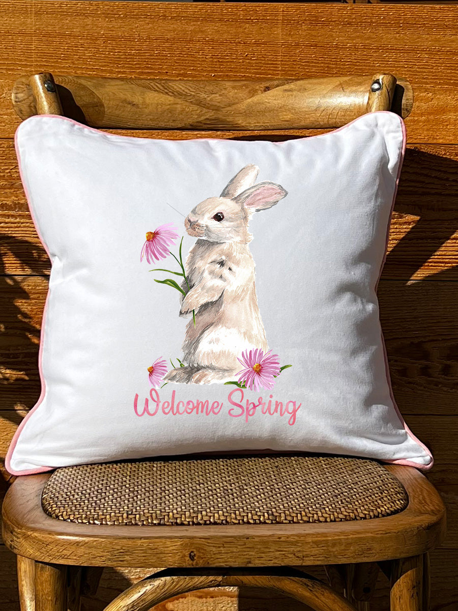 Bunny Pink Coneflowers White Square Pillow with Piping