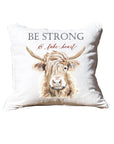 Be Strong Highland Cow White Square Pillow with Piping