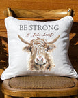 Be Strong Highland Cow White Square Pillow with Piping