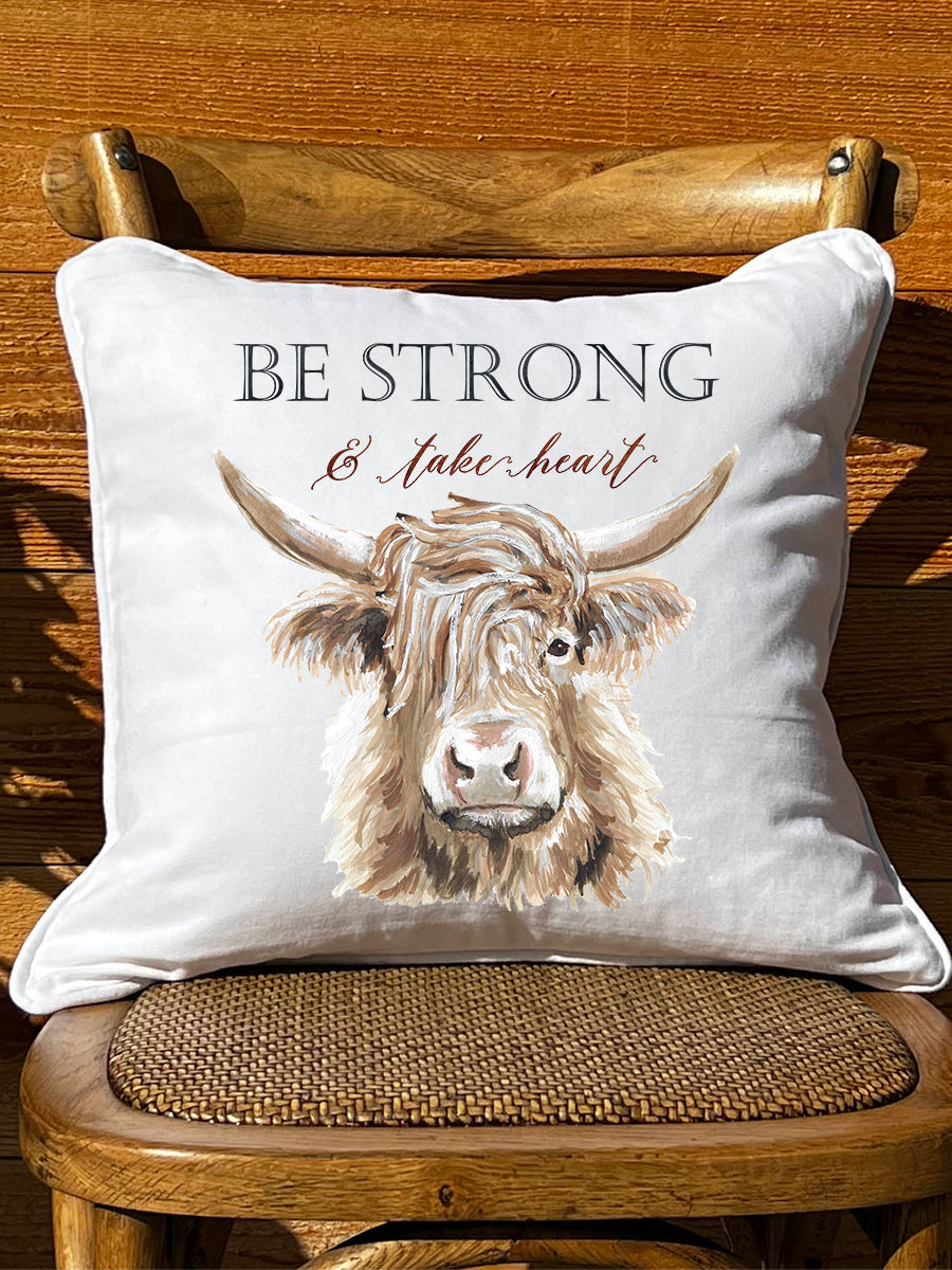 Be Strong Highland Cow White Square Pillow with Piping