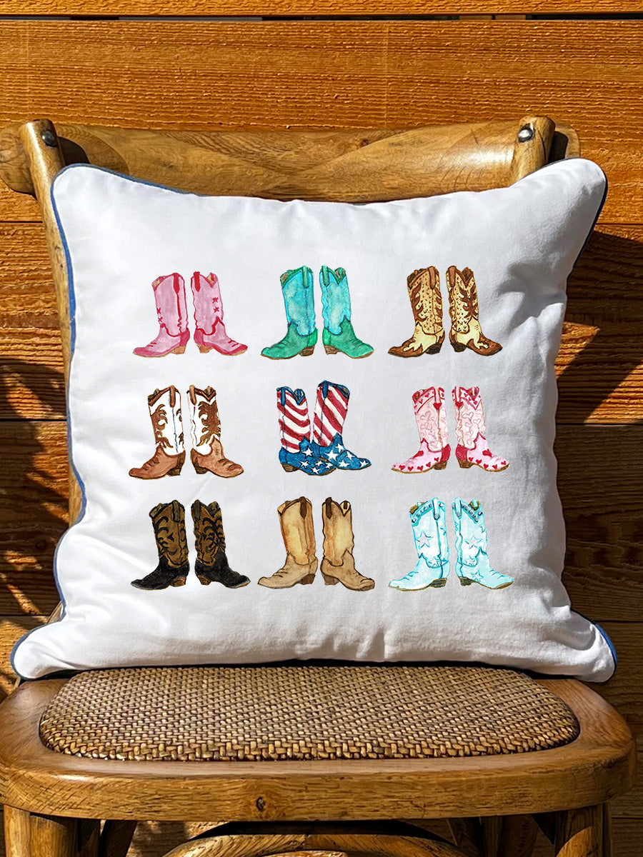 Cowboy Boot Group White Square Pillow with Piping