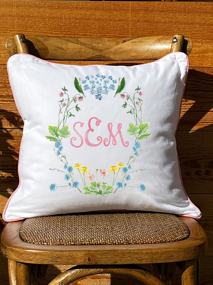 Monogram Crest Girl White Square Pillow with Piping