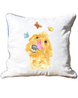 Doodle Dog with Butterflies White Square Pillow with Piping