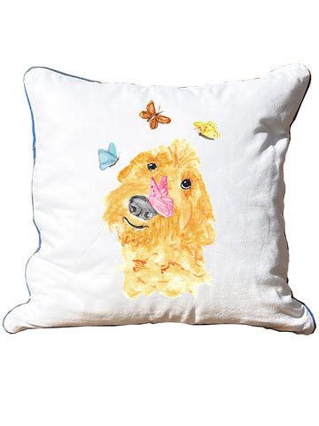 Doodle Dog with Butterflies White Square Pillow with Piping