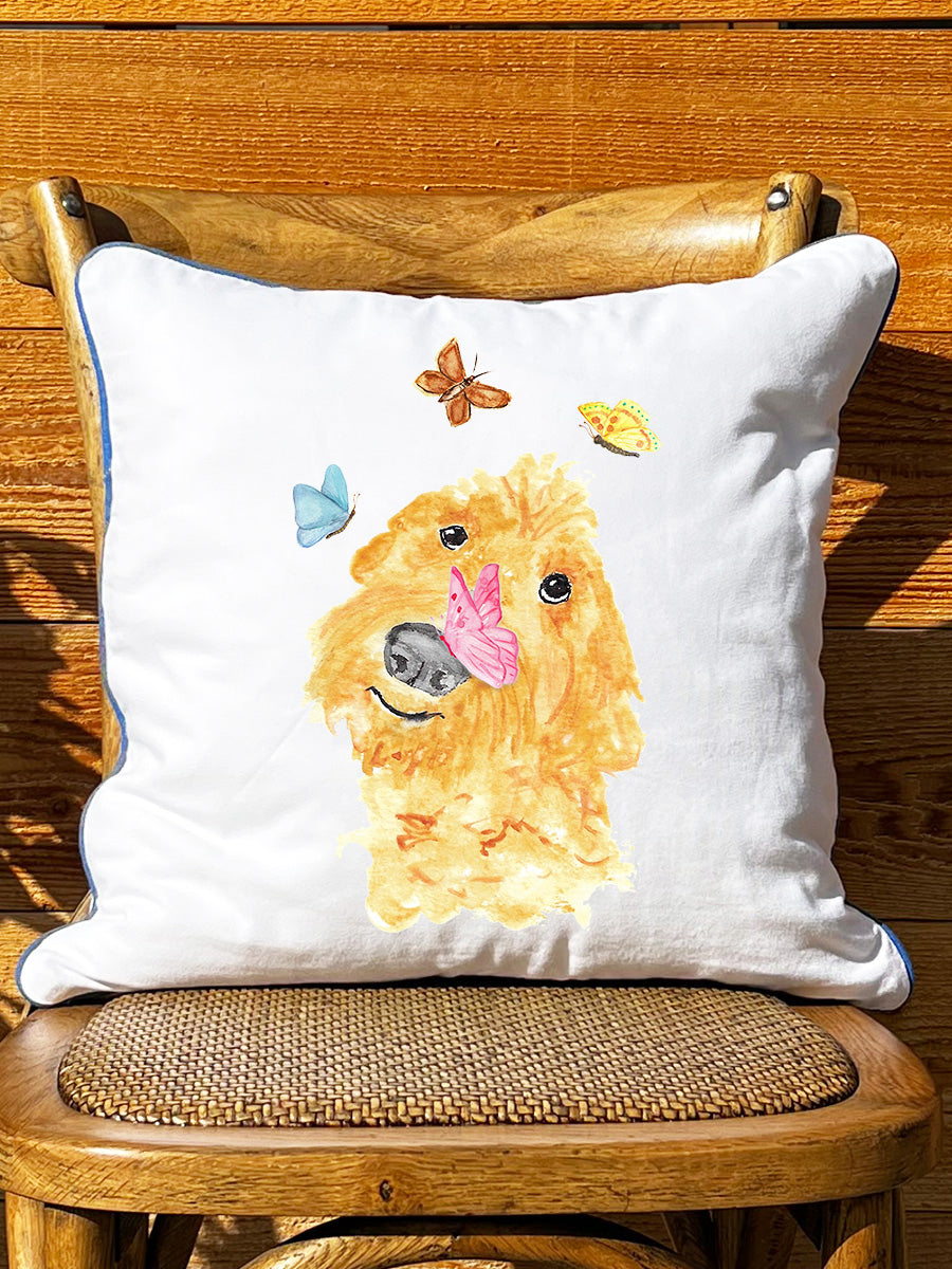 Doodle Dog with Butterflies White Square Pillow with Piping