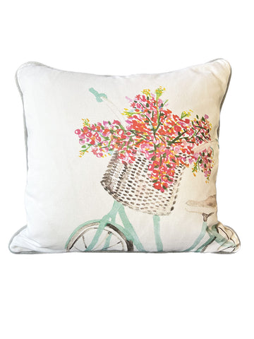 Summer Floral Bike White Square Pillow with Piping