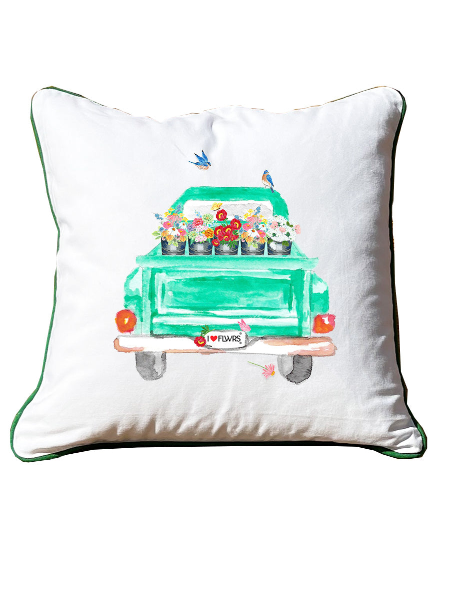 Vintage Green Truck With Flowers and Birds White Square Pillow with Piping