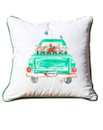 Vintage Green Truck With Flowers and Birds White Square Pillow with Piping
