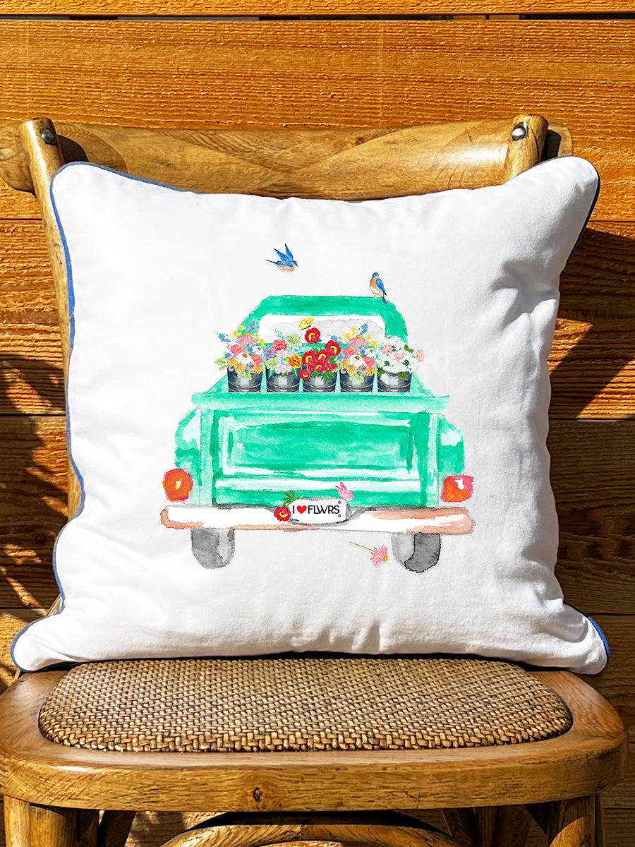 Vintage Green Truck With Flowers and Birds White Square Pillow with Piping