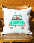 Vintage Green Truck With Flowers and Birds White Square Pillow with Piping