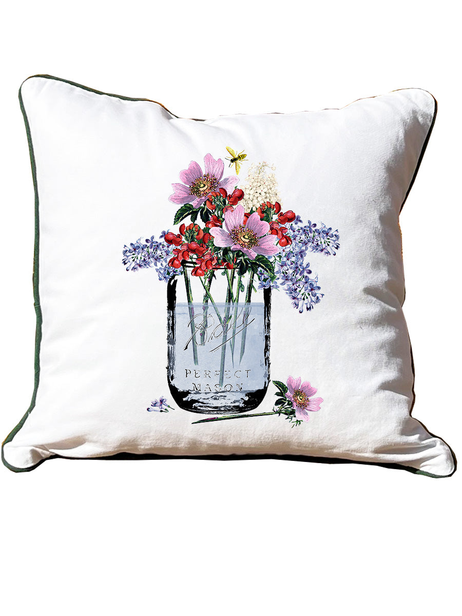 Mason Jar with Flowers and Bee White Square Pillow with Piping