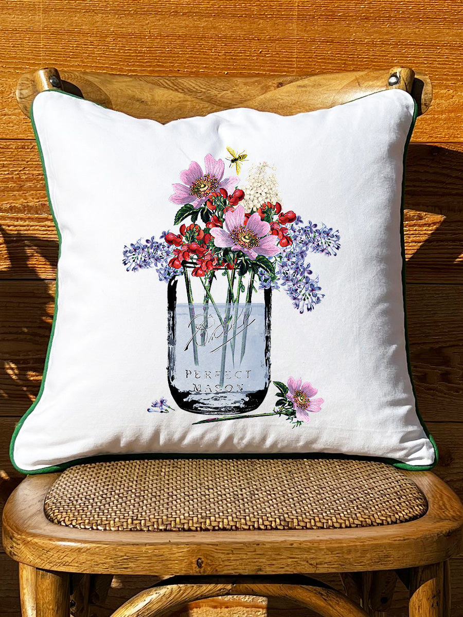 Mason Jar with Flowers and Bee White Square Pillow with Piping